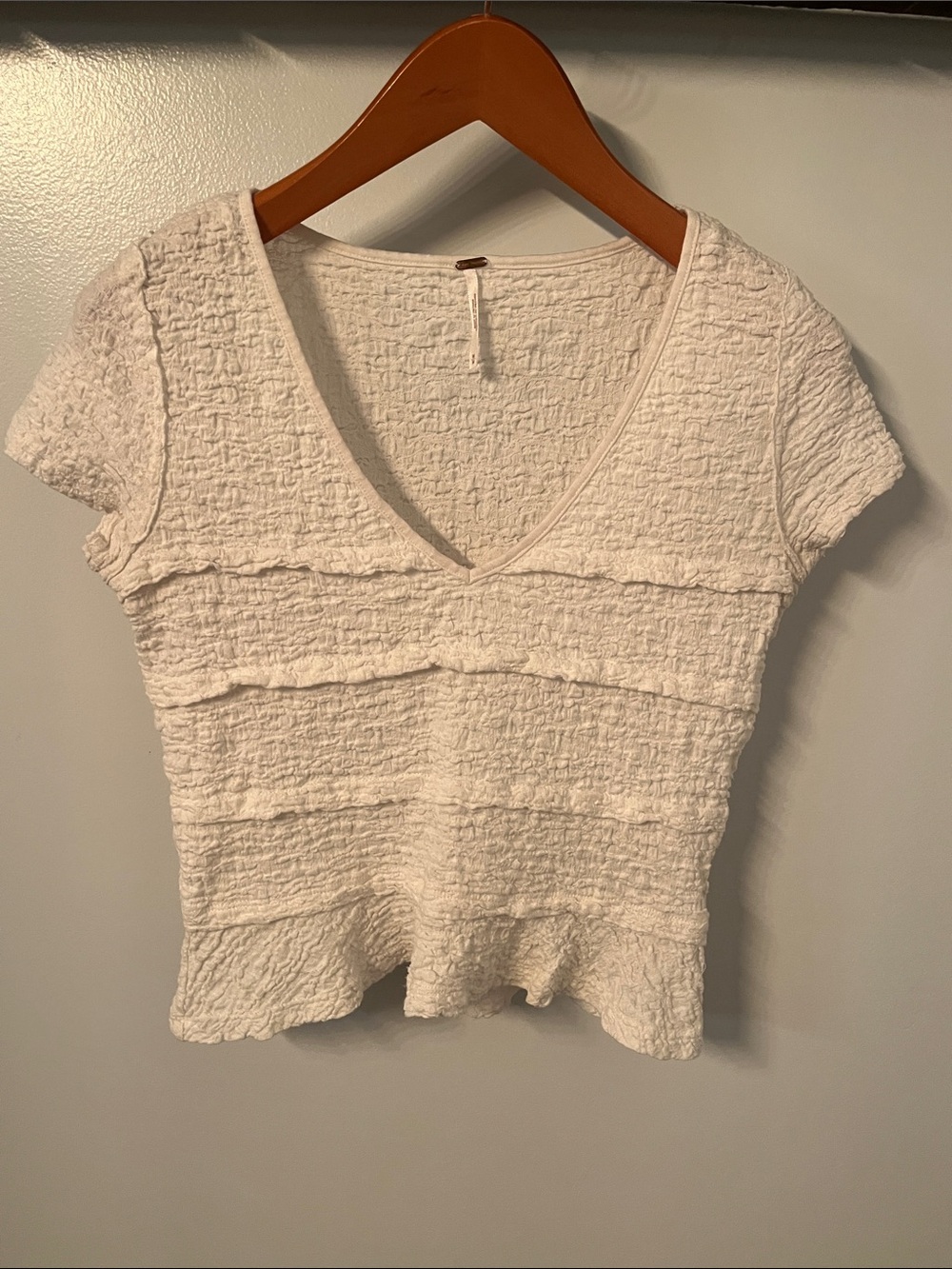 Free People Cream Textured V-Neck Short Sleeve Top